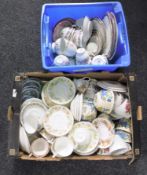 Two boxes containing part English china tea sets including Masons and Duchess