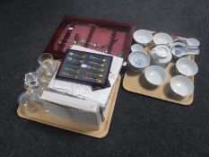 Two trays containing five Bradford Exchange plates, Bradex RAF whisky decanter and six glasses,