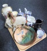 A tray containing continental figure of a man seated on elephant, Royal Doulton bowl,