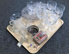 A tray of assorted glass ware, plated wine coaster, vintage Hillaby's pontefract cakes tin,
