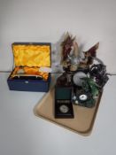 A tray of Myth and Magic dragon figures, boxed gem stone globe desk clock,