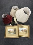 Three table lamps with shades and a pair of gilt framed 20th century watercolours - rural scenes by