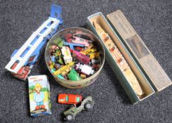 A basket containing a small quantity of die cast vehicles, boxed Chad Valley Take to Pieces R.M.S.
