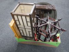 A box of Eastern brass topped table, folding stool,