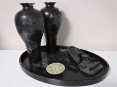 A Chinese carved hardstone desk stand, together with an oriental tray,