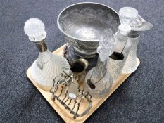 A tray containing cut glass decanters with labels, cut glass claret jug,