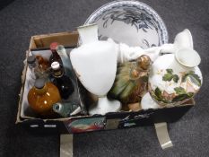 A box of vintage bottles, pair of Victorian glass hand painted vases,