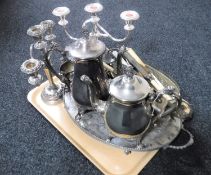 A tray of assorted plated wares including a four-piece plated tea service on tray,