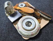 A tray containing barometer with brush set, aneroid barometer, cased anniversary clock,