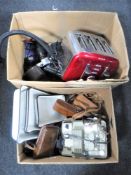 Two boxes of assorted cameras and accessories,