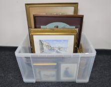 A box containing assorted framed pictures and prints including framed needlework portrait studies