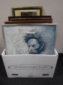 A box of eleven continental oil paintings on canvas, framed music score,