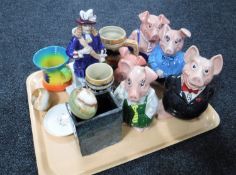 A tray of Natwest pig money banks, Chinese vase, figure of Charles II etc.