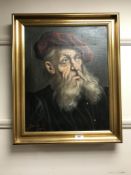 A gilt framed continental school oil on canvas depicting a gentleman wearing a red hat