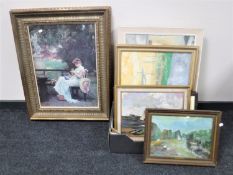 A collection of oil paintings, pictures, oils on board, gilt framed print,