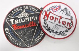 Two cast iron motor cycle plaques - Triumph Bonneville & Norton