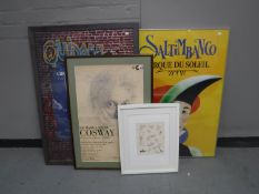 Two Cirque Du Soleil posters together with a national portrait gallery poster and a framed signed
