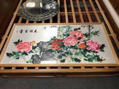 A pine framed Chinese silk embroidery 184 cm x 96 cm