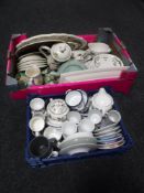 A box and basket of assorted French Gien dinner ware, assorted coffee cans,