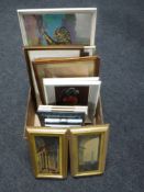 A box of assorted pictures and prints - two framed watercolours signed Foster,
