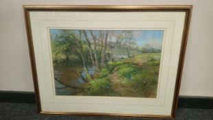 Walter Holmes : Riverbank Study with Castle Beyond, colour chalks, signed, 35 cm x 55 cm, framed.