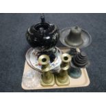 A tray of part china samovar, kitchen scales with weights, brass candlesticks,