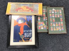 A French Soupe Paysanne advertisement on board, framed cigarette cards,