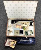 An antique mahogany box containing costume jewellery, silver etc.