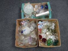 Three boxes of lead crystal and pressed glass including decanters,