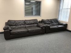 Brown leather three seater and two seater settees