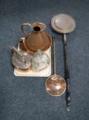 A tray of vintage dimple whiskey flagon, assorted brass ware,