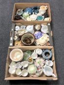 Three boxes of assorted china, boxed china teapots by Denby, oven dishes,