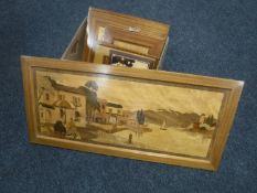 A box of nine marquetry panels