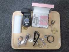 A tray of costume jewellery, bracelets stamped 925, three watches (Tissot, Fossil and Breil),