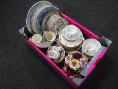 A box containing Royal Albert and Spode tea china, continental wall plates,