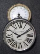 Two contemporary wall clocks (one in the form of a giant pocket watch)