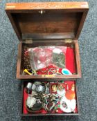 A hardwood inlaid jewellery box containing costume jewellery, Siam bracelet etc.