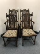 Four oak barley twist bergere back dining chairs