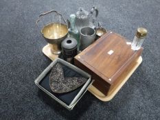 A tray of vintage handbags, Victorian rosewood table box, metal ware,