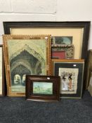 Five assorted framed prints and a lacquered eastern wooden panel