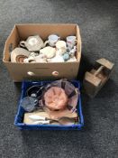 A box and basket of assorted tea china, figures, desert set,