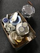 A box of glass ware, dinner plates, Meakin coffee set,