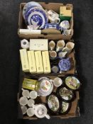 Three boxes of Ringtons china including teapots, wall plates, jugs, mugs,