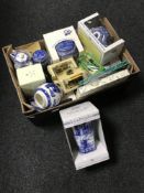 A large box of Ringtons blue and white china