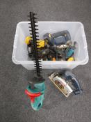 A box of power tools, hedger,