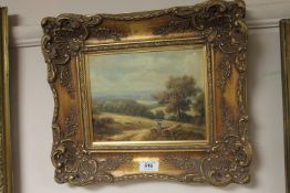 Twentieth century school : Farmer in landscape, oil on board, gilt framed.