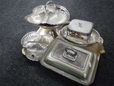 A tray of antique and later silver plated items including lidded breakfast dish,