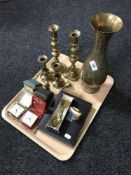 A tray of brass vase, pair of candlesticks,