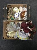 Two boxes of china, ornaments, cottage houses, teapots,