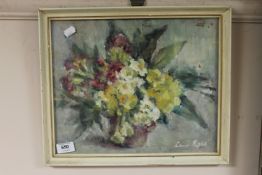 Lena Robb : Still life with flowers in a vase, oil on board, signed, framed.